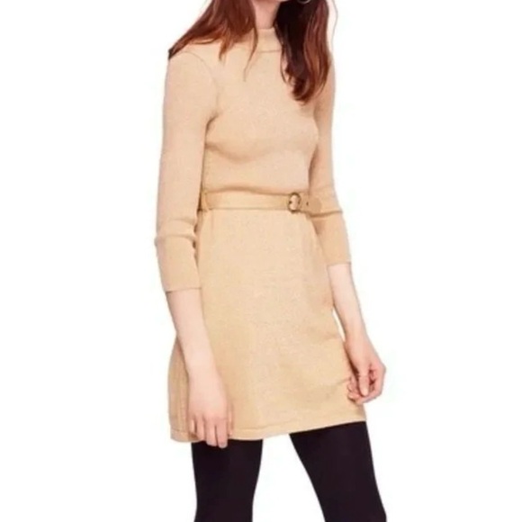 Free People French Girl Sweater Dress Size L Gold Shimmer Mock Neck Belted - Picture 2 of 13